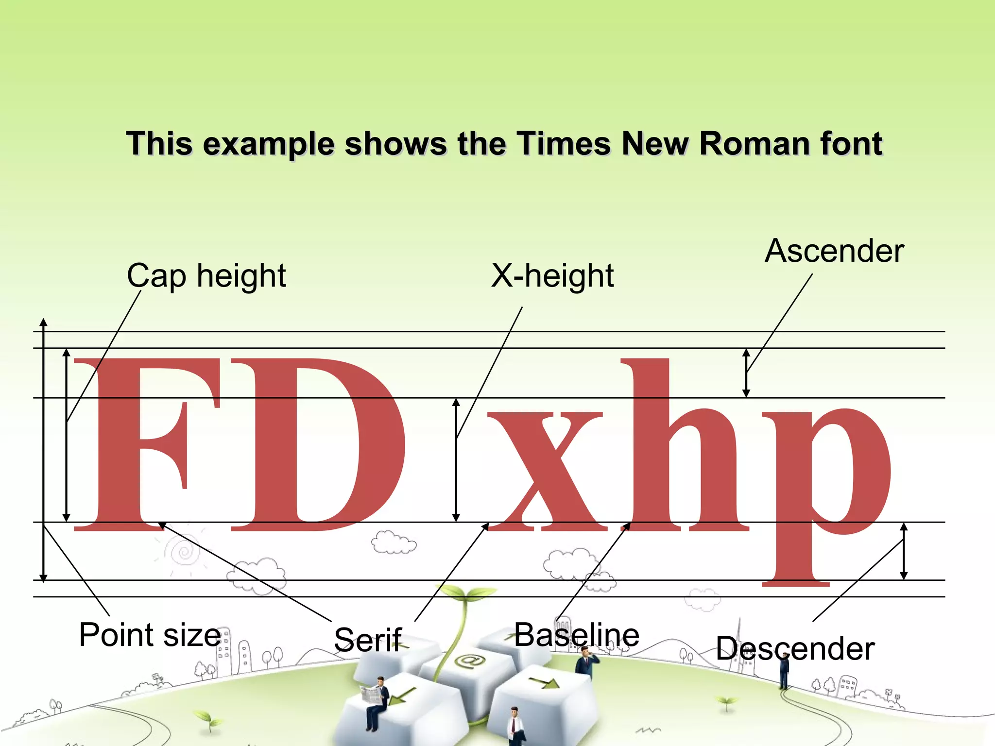 FD xhpDescender
Cap height
Point size
Ascender
Serif
X-height
This example shows the Times New Roman fontThis example shows the Times New Roman font
Baseline
 