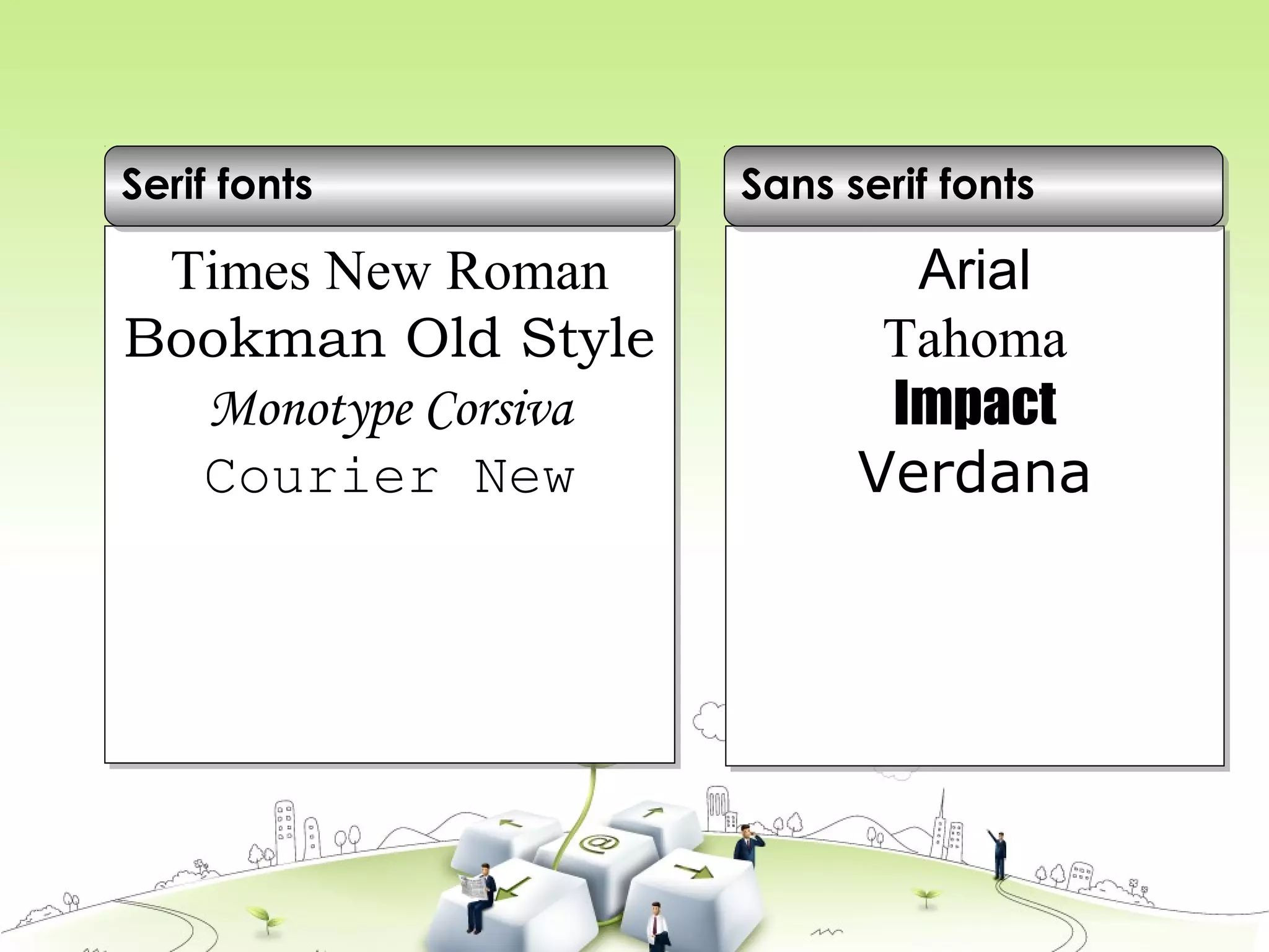 Times New Roman
Bookman Old Style
Monotype Corsiva
Courier New
Times New Roman
Bookman Old Style
Monotype Corsiva
Courier New
Serif fontsSerif fonts
Arial
Tahoma
Impact
Verdana
Arial
Tahoma
Impact
Verdana
Sans serif fontsSans serif fonts
 