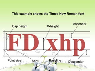 FD xhpDescender
Cap height
Point size
Ascender
Serif
X-height
This example shows the Times New Roman fontThis example shows the Times New Roman font
Baseline
 