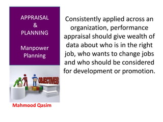 Mahmood Qasim
APPRAISAL
&
PLANNING
Manpower
Planning
Consistently applied across an
organization, performance
appraisal should give wealth of
data about who is in the right
job, who wants to change jobs
and who should be considered
for development or promotion.
 