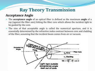 Ray Theory Transmission
Acceptance Angle
 The acceptance angle of an optical fiber is defined as the maximum angle of a
ray (against the fiber axis) hitting the fiber core which allows the incident light to
be guided by the core.
 The sine of that acceptable angle is called the numerical aperture, and it is
essentially determined by the refractive index contrast between core and cladding
of the fiber, assuming that the incident beam comes from air or vacuum.
 