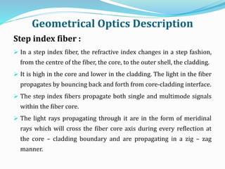 Geometrical Optics Description
Step index fiber :
 In a step index fiber, the refractive index changes in a step fashion,
from the centre of the fiber, the core, to the outer shell, the cladding.
 It is high in the core and lower in the cladding. The light in the fiber
propagates by bouncing back and forth from core-cladding interface.
 The step index fibers propagate both single and multimode signals
within the fiber core.
 The light rays propagating through it are in the form of meridinal
rays which will cross the fiber core axis during every reflection at
the core – cladding boundary and are propagating in a zig – zag
manner.
 