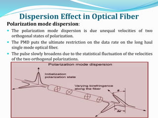 Dispersion Effect in Optical Fiber
Polarization mode dispersion:
 The polarization mode dispersion is due unequal velocities of two
orthogonal states of polarization.
 The PMD puts the ultimate restriction on the data rate on the long haul
single mode optical fiber.
 The pulse slowly broadens due to the statistical fluctuation of the velocities
of the two orthogonal polarizations.
 