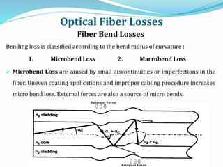 Optical Fiber Losses
Fiber Bend Losses
Bending loss is classified according to the bend radius of curvature :
1. Microbend Loss 2. Macrobend Loss
 Microbend Loss are caused by small discontinuities or imperfections in the
fiber. Uneven coating applications and improper cabling procedure increases
micro bend loss. External forces are also a source of micro bends.
 