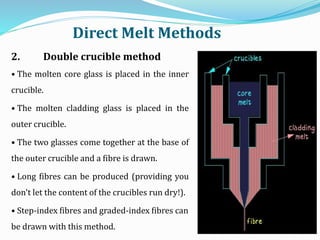 2. Double crucible method
• The molten core glass is placed in the inner
crucible.
• The molten cladding glass is placed in the
outer crucible.
• The two glasses come together at the base of
the outer crucible and a fibre is drawn.
• Long fibres can be produced (providing you
don't let the content of the crucibles run dry!).
• Step-index fibres and graded-index fibres can
be drawn with this method.
Direct Melt Methods
 