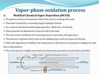 Vapor-phase oxidation process
3. Modified Chemical Vapor Deposition (MCVD)
 The gaseous mixture of reactants is fed at the end of a rotating silica tube.
 This tube is heated by a traversing oxygen-hydrogen burner.
 As a result of chemical reactions glass particles, called soot, are formed.
 These particles are deposited on internal wall of the tube.
 The soot is then vitrified by the traversing burner to provide a thin glass layer.
 The process is repeated many times as the cladding layers and core layers are formed.
 When the deposition is finished, the temperature of the burner is increased to collapse the tube
into a solid preform.
 The entire process is highly automated and all process parameters are precisely controlled.
 