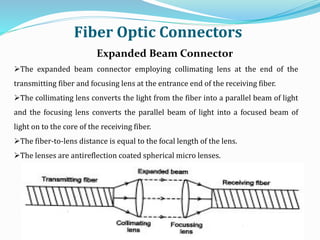 The expanded beam connector employing collimating lens at the end of the
transmitting fiber and focusing lens at the entrance end of the receiving fiber.
The collimating lens converts the light from the fiber into a parallel beam of light
and the focusing lens converts the parallel beam of light into a focused beam of
light on to the core of the receiving fiber.
The fiber-to-lens distance is equal to the focal length of the lens.
The lenses are antireflection coated spherical micro lenses.
Expanded Beam Connector
Fiber Optic Connectors
 