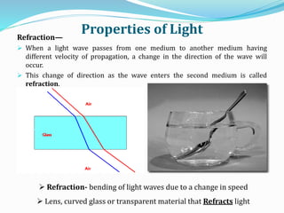 Properties of LightRefraction—
 When a light wave passes from one medium to another medium having
different velocity of propagation, a change in the direction of the wave will
occur.
 This change of direction as the wave enters the second medium is called
refraction.
 Refraction- bending of light waves due to a change in speed
 Lens, curved glass or transparent material that Refracts light
 