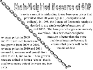 10Chapter Two
In some cases, it is misleading to use base-year prices that
prevailed 10 or 20 years ago (i.e., computers and
college). In 1995, the Bureau of Economic Analysis
decided to use chain-weighted measures of
real GDP. The base year changes continuously
over time. This new chain-weighted
measure is better than the more
traditional measure because it
ensures that prices will not be
too out of date.
Average prices in 2009
and 2010 are used to measure
real growth from 2009 to 2010.
Average prices in 2010 and 2011
are used to measure real growth from
2010 to 2011, and so on. These growth
rates are united to form a “chain” that is
used to compare output between any two
dates.
 