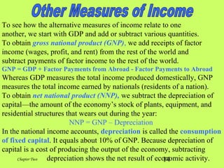 14Chapter Two
To see how the alternative measures of income relate to one
another, we start with GDP and add or subtract various quantities.
To obtain gross national product (GNP), we add receipts of factor
income (wages, profit, and rent) from the rest of the world and
subtract payments of factor income to the rest of the world.
GNP = GDP + Factor Payments from Abroad - Factor Payments to Abroad
Whereas GDP measures the total income produced domestically, GNP
measures the total income earned by nationals (residents of a nation).
To obtain net national product (NNP), we subtract the depreciation of
capital—the amount of the economy’s stock of plants, equipment, and
residential structures that wears out during the year:
NNP = GNP – Depreciation
In the national income accounts, depreciation is called the consumption
of fixed capital. It equals about 10% of GNP. Because depreciation of
capital is a cost of producing the output of the economy, subtracting
depreciation shows the net result of economic activity.
 