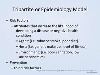 Tripartite or Epidemiology Model
• Risk Factors
– attributes that increase the likelihood of
developing a disease or negative health
condition
•Agent: (i.e. tobacco smoke, poor diet)
•Host: (i.e. genetic make up, level of fitness)
•Environment: (i.e. poor sanitation, low
socioeconomics)
• Prevention
– to rid risk factors
 