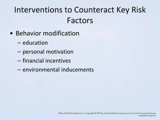 Interventions to Counteract Key Risk
Factors
• Behavior modification
– education
– personal motivation
– financial incentives
– environmental inducements
 