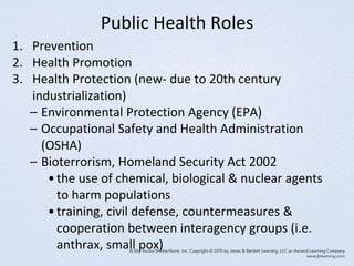 Public Health Roles
1. Prevention
2. Health Promotion
3. Health Protection (new- due to 20th century
industrialization)
– Environmental Protection Agency (EPA)
– Occupational Safety and Health Administration
(OSHA)
– Bioterrorism, Homeland Security Act 2002
•the use of chemical, biological & nuclear agents
to harm populations
•training, civil defense, countermeasures &
cooperation between interagency groups (i.e.
anthrax, small pox)
 