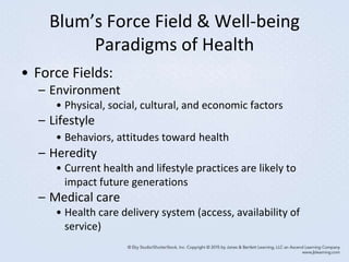 Blum’s Force Field & Well-being
Paradigms of Health
• Force Fields:
– Environment
• Physical, social, cultural, and economic factors
– Lifestyle
• Behaviors, attitudes toward health
– Heredity
• Current health and lifestyle practices are likely to
impact future generations
– Medical care
• Health care delivery system (access, availability of
service)
 
