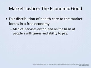 Market Justice: The Economic Good
• Fair distribution of health care to the market
forces in a free economy
– Medical services distributed on the basis of
people’s willingness and ability to pay.
 