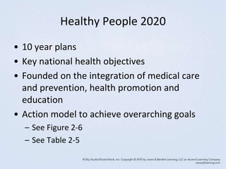 Healthy People 2020
• 10 year plans
• Key national health objectives
• Founded on the integration of medical care
and prevention, health promotion and
education
• Action model to achieve overarching goals
– See Figure 2-6
– See Table 2-5
 