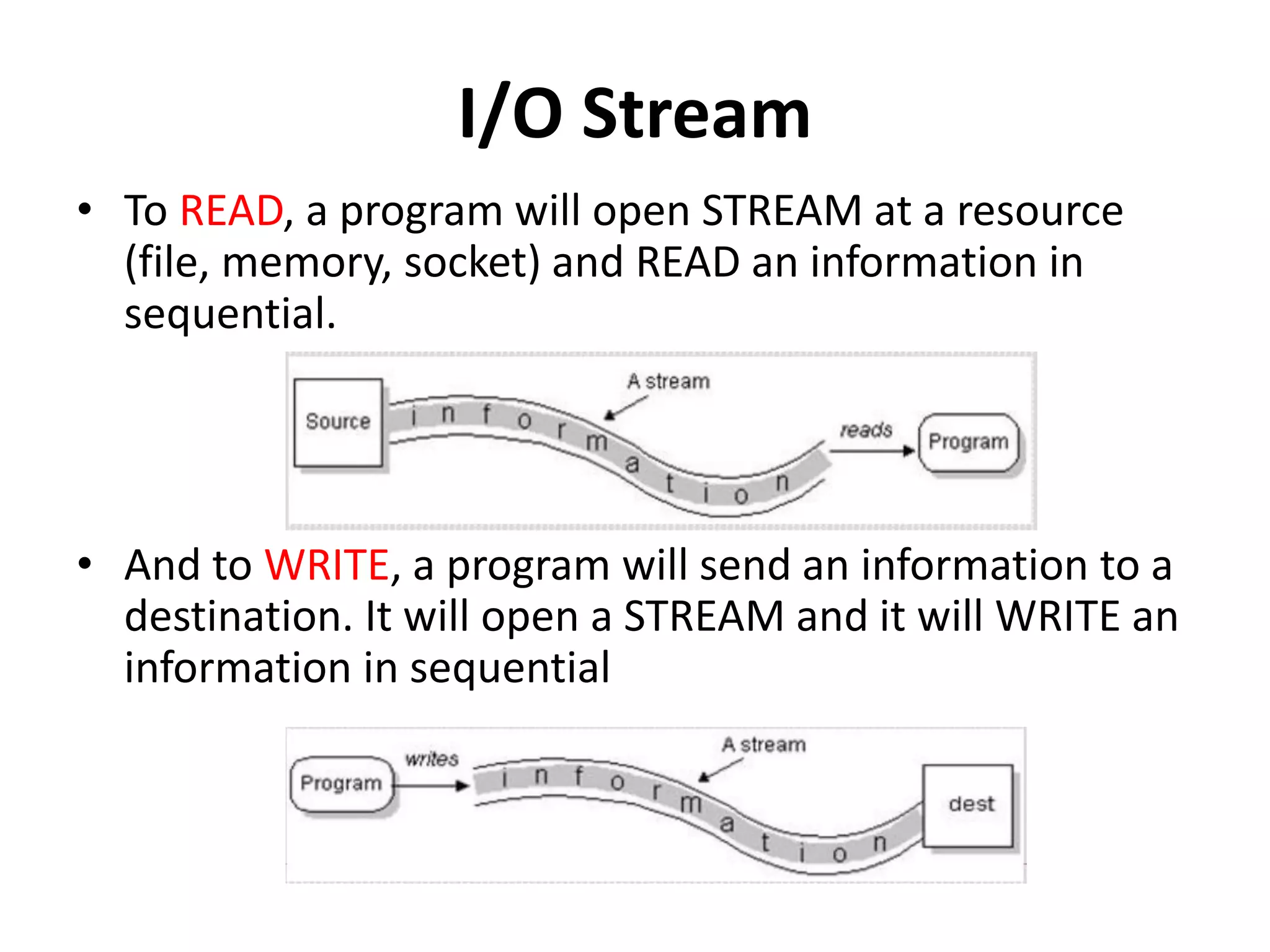 I/O Stream
• To READ, a program will open STREAM at a resource
(file, memory, socket) and READ an information in
sequential.
• And to WRITE, a program will send an information to a
destination. It will open a STREAM and it will WRITE an
information in sequential
• hhhhhhhhhhhhh
 