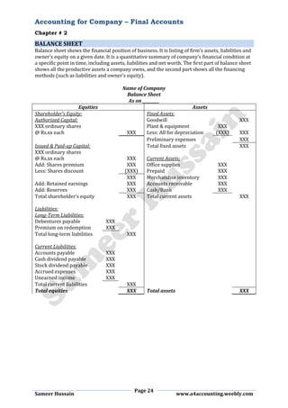 Accounting for Company – Final Accounts
Chapter # 2
Page 24
Sameer Hussain www.a4accounting.weebly.com
BALANCE SHEET
Balance sheet shows the financial position of business. It is listing of firm’s assets, liabilities and
owner’s equity on a given date. It is a quantitative summary of company’s financial condition at
a specific point in time, including assets, liabilities and net worth. The first part of balance sheet
shows all the productive assets a company owns, and the second part shows all the financing
methods (such as liabilities and owner’s equity).
Name of Company
Balance Sheet
As on _________
Equities Assets
Shareholder’s Equity: Fixed Assets:
Authorized Capital: Goodwill XXX
XXX ordinary shares Plant & equipment XXX
@ Rs.xx each XXX Less: All for depreciation (XXX) XXX
Preliminary expenses XXX
Issued & Paid-up Capital: Total fixed assets XXX
XXX ordinary shares
@ Rs.xx each XXX Current Assets:
Add: Shares premium XXX Office supplies XXX
Less: Shares discount (XXX) Prepaid XXX
XXX Merchandise inventory XXX
Add: Retained earnings XXX Accounts receivable XXX
Add: Reserves XXX Cash/Bank XXX
Total shareholder’s equity XXX Total current assets XXX
Liabilities:
Long-Term Liabilities:
Debentures payable XXX
Premium on redemption XXX
Total long-term liabilities XXX
Current Liabilities:
Accounts payable XXX
Cash dividend payable XXX
Stock dividend payable XXX
Accrued expenses XXX
Unearned income XXX
Total current liabilities XXX
Total equities XXX Total assets XXX
 