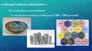 กำรจัดกลุ่มน้ำเคลือบและเคลือบชนิดต่ำง
2) กำรแบ่งน้ำเคลือบตำมลักษณะของผลิตภัณ์์
2. เคลือบสำหรับผลิตภัณ์์สโตนแวร์ เผำที่ช่วงอุณหภูมิ 1,250 - 1,300 องศำเซลเซียส
 