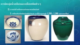 กำรจัดกลุ่มน้ำเคลือบและเคลือบชนิดต่ำง
2) กำรแบ่งน้ำเคลือบตำมลักษณะของผลิตภัณ์์
3. เคลือบสำหรับผลิตภัณ์์ปอร์ซเลน เผำที่ช่วงอุณหภูมิ 1,250 - 1,380 องศำเซลเซียส
 