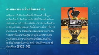 ควำมหมำยของน้ำเคลือบเซรำมิก
เคลือบเซรามิกคือแก้วชนิดหนึ่ง มีโครงสร้างพื้นฐาน
เหมือนกับแก้ว คือเป็นสารอนินทรีย์ที่มีโครงสร้างมีการ
จัดเรียงตัวแบบไร้ระเบียบหรือมีระเบียบในช่วงสั้นคล้าย
กับโครงสร้างของของเหลวทั้งนี้เนื่องจากเมื่อสารที่ทาให้
เกิดเป็นแก้ว เช่น สารซิลิกามีการหลอมตัวจะกลายเป็น
ของเหลวที่มีความหนืดสูงมาก อยู่ในโครงสร้างอสัญ
ฐานที่อะตอมมีการจัดเรียงตัวอย่างไร้ระเบียบหรือมี
ระเบียบในระยะสั้นเท่านั้น ดรุณี วัฒนศิริเวช และ สุธี
วัฒนศิริเวช (2552 : 53)
 