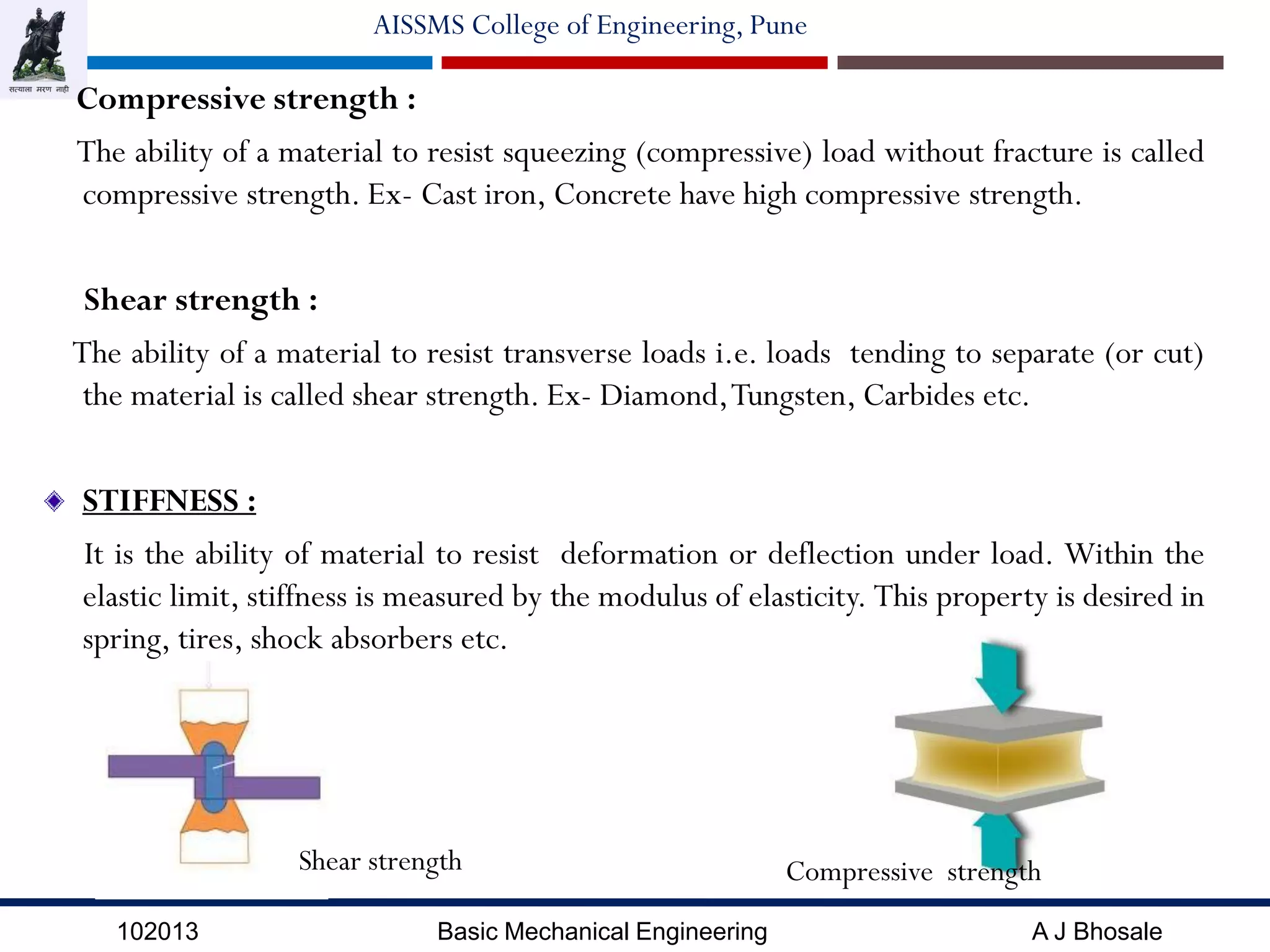 102013 Basic Mechanical Engineering A J Bhosale
AISSMS College of Engineering, Pune
Compressive strength :
The ability of a material to resist squeezing (compressive) load without fracture is called
compressive strength. Ex- Cast iron, Concrete have high compressive strength.
Shear strength :
The ability of a material to resist transverse loads i.e. loads tending to separate (or cut)
the material is called shear strength. Ex- Diamond,Tungsten, Carbides etc.
STIFFNESS :
It is the ability of material to resist deformation or deflection under load. Within the
elastic limit, stiffness is measured by the modulus of elasticity. This property is desired in
spring, tires, shock absorbers etc.
Shear strength Compressive strength
 