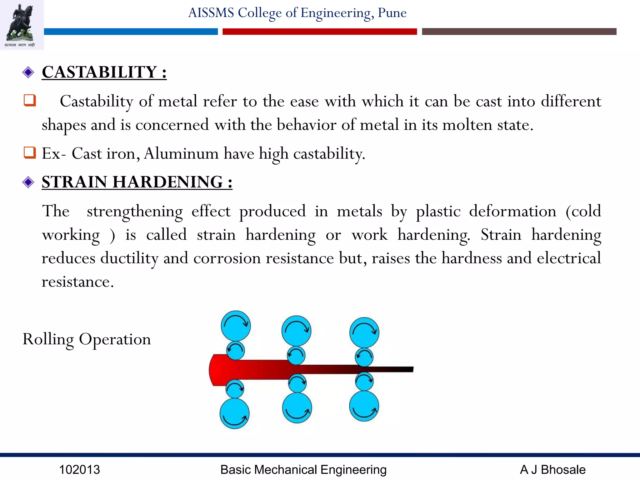 102013 Basic Mechanical Engineering A J Bhosale
AISSMS College of Engineering, Pune
CASTABILITY :
 Castability of metal refer to the ease with which it can be cast into different
shapes and is concerned with the behavior of metal in its molten state.
 Ex- Cast iron,Aluminum have high castability.
STRAIN HARDENING :
The strengthening effect produced in metals by plastic deformation (cold
working ) is called strain hardening or work hardening. Strain hardening
reduces ductility and corrosion resistance but, raises the hardness and electrical
resistance.
Rolling Operation
 