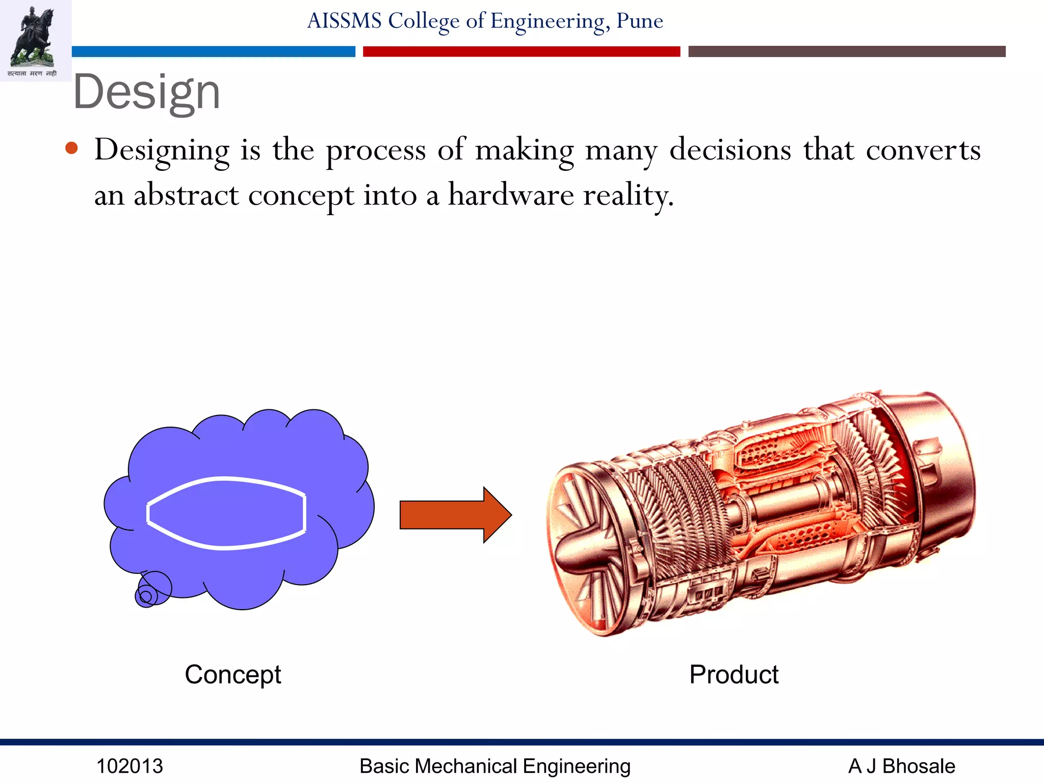 102013 Basic Mechanical Engineering A J Bhosale
AISSMS College of Engineering, Pune
Design
 Designing is the process of making many decisions that converts
an abstract concept into a hardware reality.
Concept Product
 