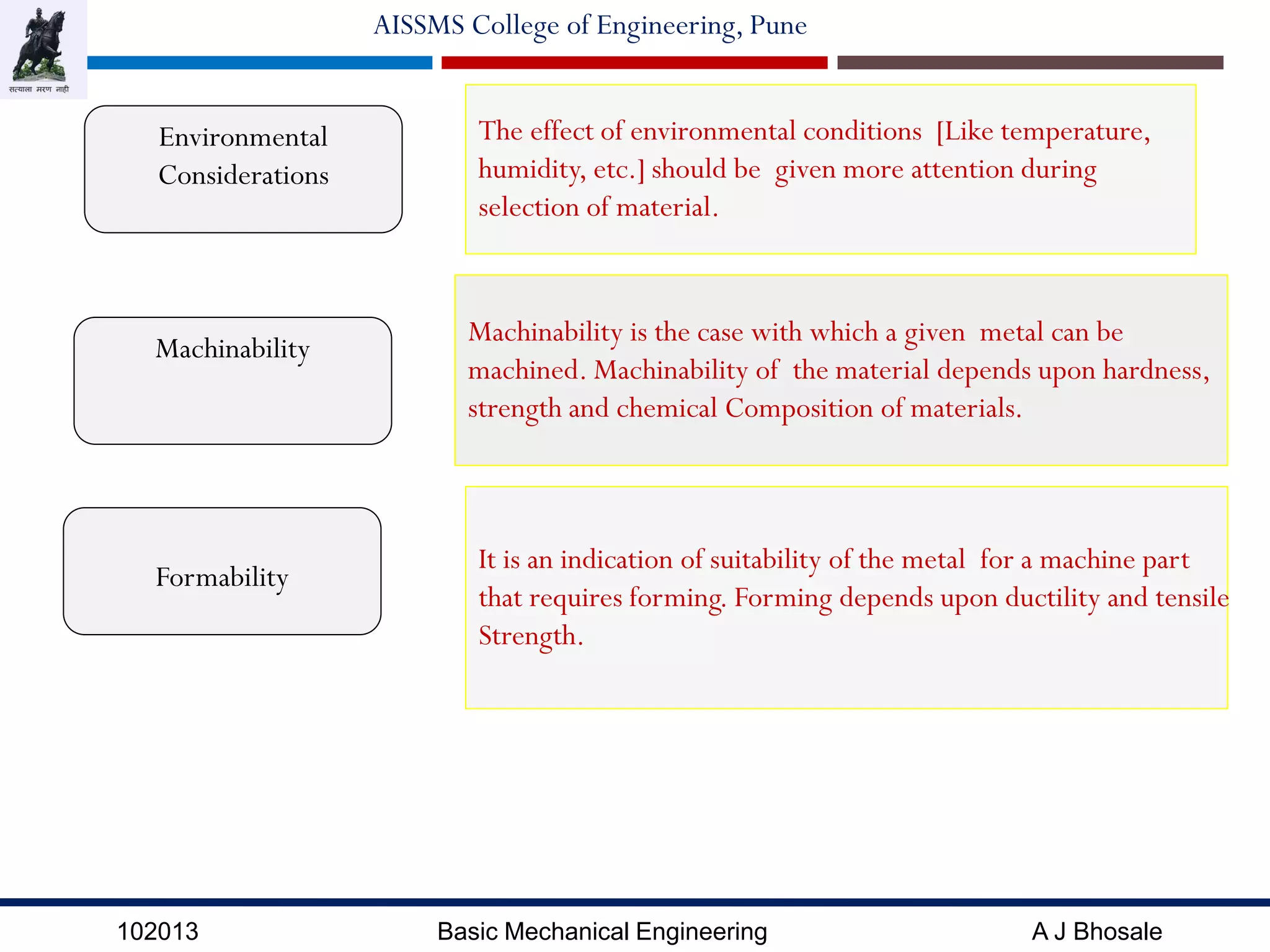 102013 Basic Mechanical Engineering A J Bhosale
AISSMS College of Engineering, Pune
The effect of environmental conditions [Like temperature,
humidity, etc.] should be given more attention during
selection of material.
Environmental
Considerations
Machinability is the case with which a given metal can be
machined. Machinability of the material depends upon hardness,
strength and chemical Composition of materials.
Machinability
Formability
It is an indication of suitability of the metal for a machine part
that requires forming. Forming depends upon ductility and tensile
Strength.
 