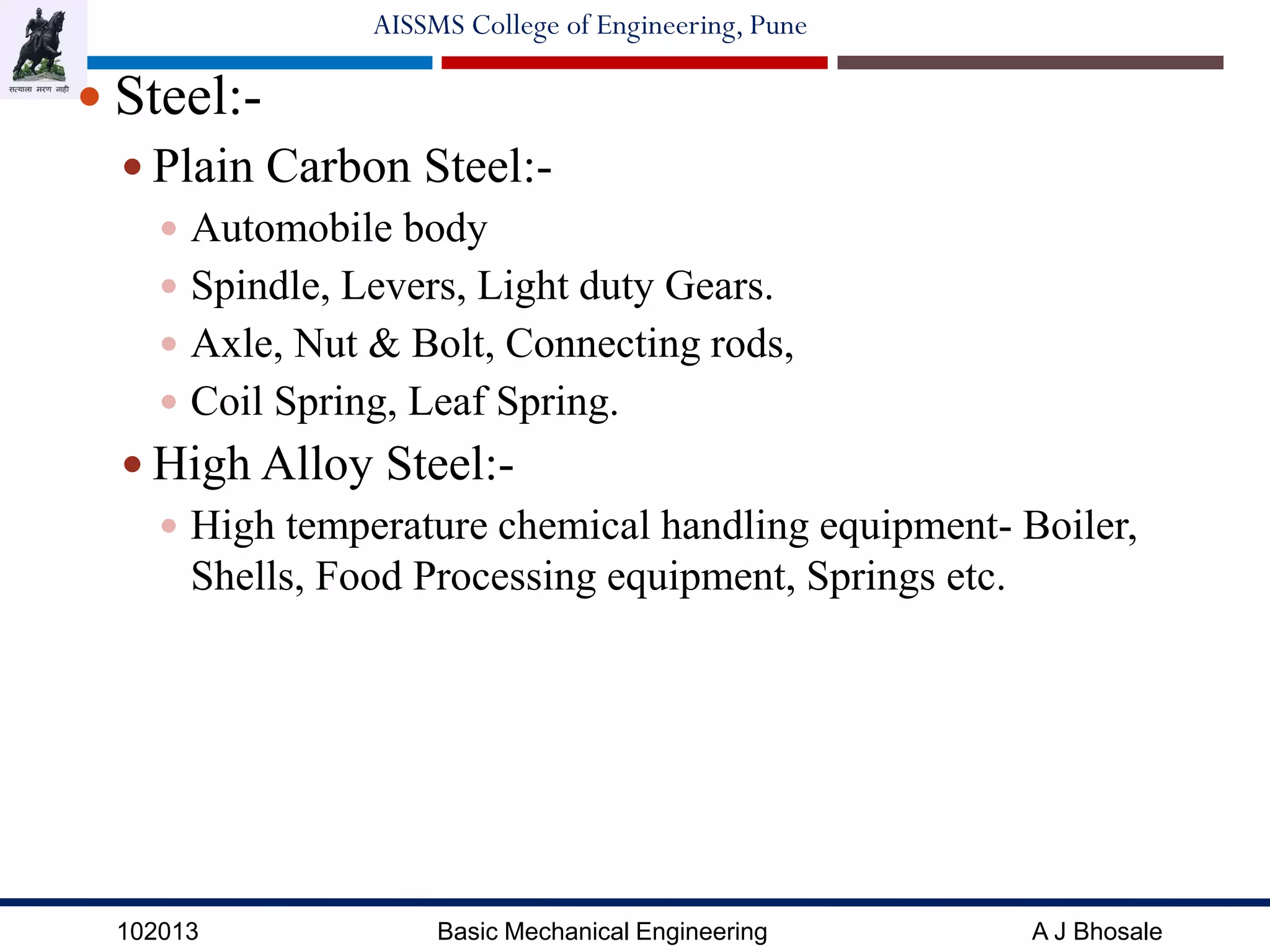 102013 Basic Mechanical Engineering A J Bhosale
AISSMS College of Engineering, Pune
 Steel:-
 Plain Carbon Steel:-
 Automobile body
 Spindle, Levers, Light duty Gears.
 Axle, Nut & Bolt, Connecting rods,
 Coil Spring, Leaf Spring.
 High Alloy Steel:-
 High temperature chemical handling equipment- Boiler,
Shells, Food Processing equipment, Springs etc.
 
