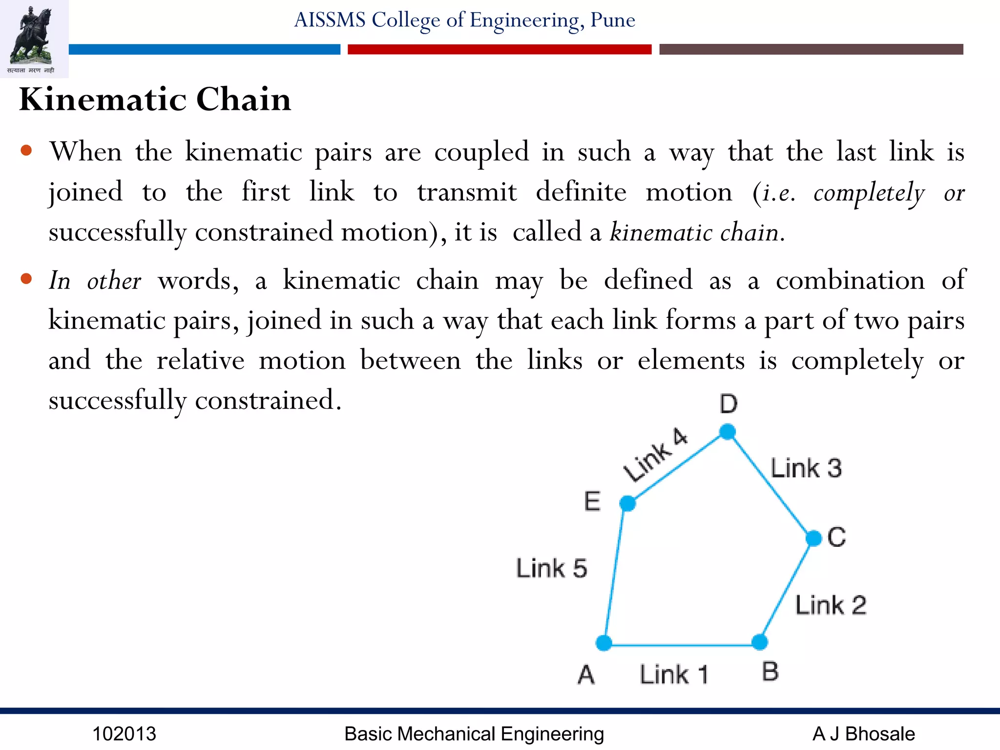 102013 Basic Mechanical Engineering A J Bhosale
AISSMS College of Engineering, Pune
Kinematic Chain
 When the kinematic pairs are coupled in such a way that the last link is
joined to the first link to transmit definite motion (i.e. completely or
successfully constrained motion), it is called a kinematic chain.
 In other words, a kinematic chain may be defined as a combination of
kinematic pairs, joined in such a way that each link forms a part of two pairs
and the relative motion between the links or elements is completely or
successfully constrained.
 