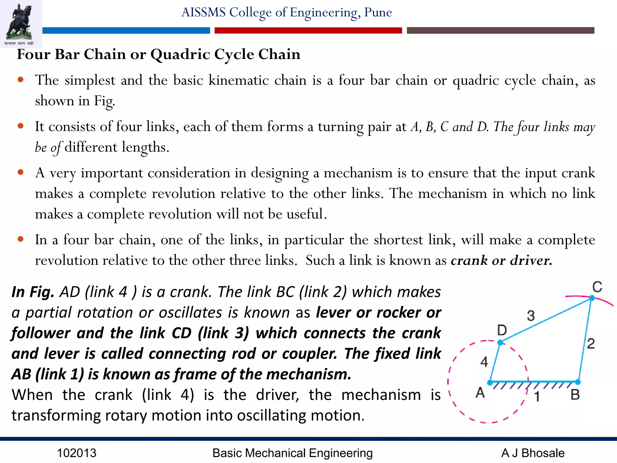 102013 Basic Mechanical Engineering A J Bhosale
AISSMS College of Engineering, Pune
Four Bar Chain or Quadric Cycle Chain
 The simplest and the basic kinematic chain is a four bar chain or quadric cycle chain, as
shown in Fig.
 It consists of four links, each of them forms a turning pair at A,B,C and D.The four links may
be of different lengths.
 A very important consideration in designing a mechanism is to ensure that the input crank
makes a complete revolution relative to the other links. The mechanism in which no link
makes a complete revolution will not be useful.
 In a four bar chain, one of the links, in particular the shortest link, will make a complete
revolution relative to the other three links. Such a link is known as crank or driver.
In Fig. AD (link 4 ) is a crank. The link BC (link 2) which makes
a partial rotation or oscillates is known as lever or rocker or
follower and the link CD (link 3) which connects the crank
and lever is called connecting rod or coupler. The fixed link
AB (link 1) is known as frame of the mechanism.
When the crank (link 4) is the driver, the mechanism is
transforming rotary motion into oscillating motion.
 