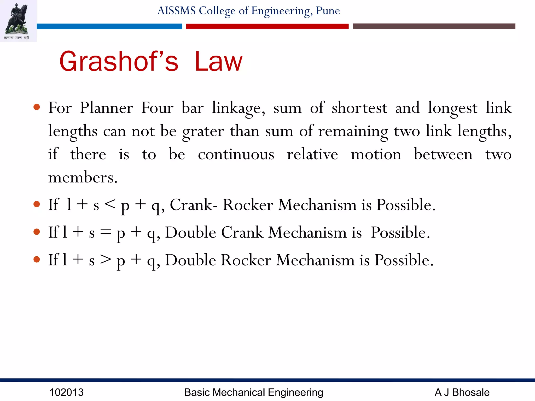 102013 Basic Mechanical Engineering A J Bhosale
AISSMS College of Engineering, Pune
Grashof’s Law
 For Planner Four bar linkage, sum of shortest and longest link
lengths can not be grater than sum of remaining two link lengths,
if there is to be continuous relative motion between two
members.
 If l + s < p + q, Crank- Rocker Mechanism is Possible.
 If l + s = p + q, Double Crank Mechanism is Possible.
 If l + s > p + q, Double Rocker Mechanism is Possible.
 