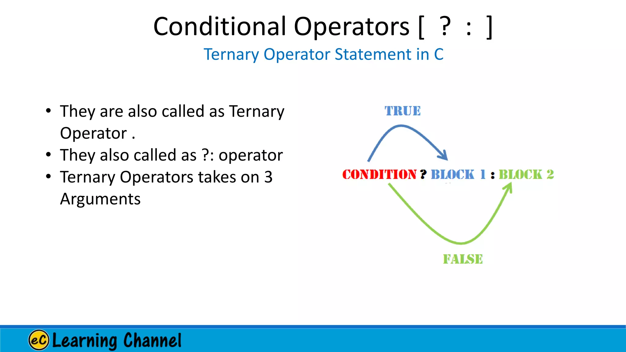 Conditional Operators [ ? : ]
Ternary Operator Statement in C
• They are also called as Ternary
Operator .
• They also called as ?: operator
• Ternary Operators takes on 3
Arguments
 