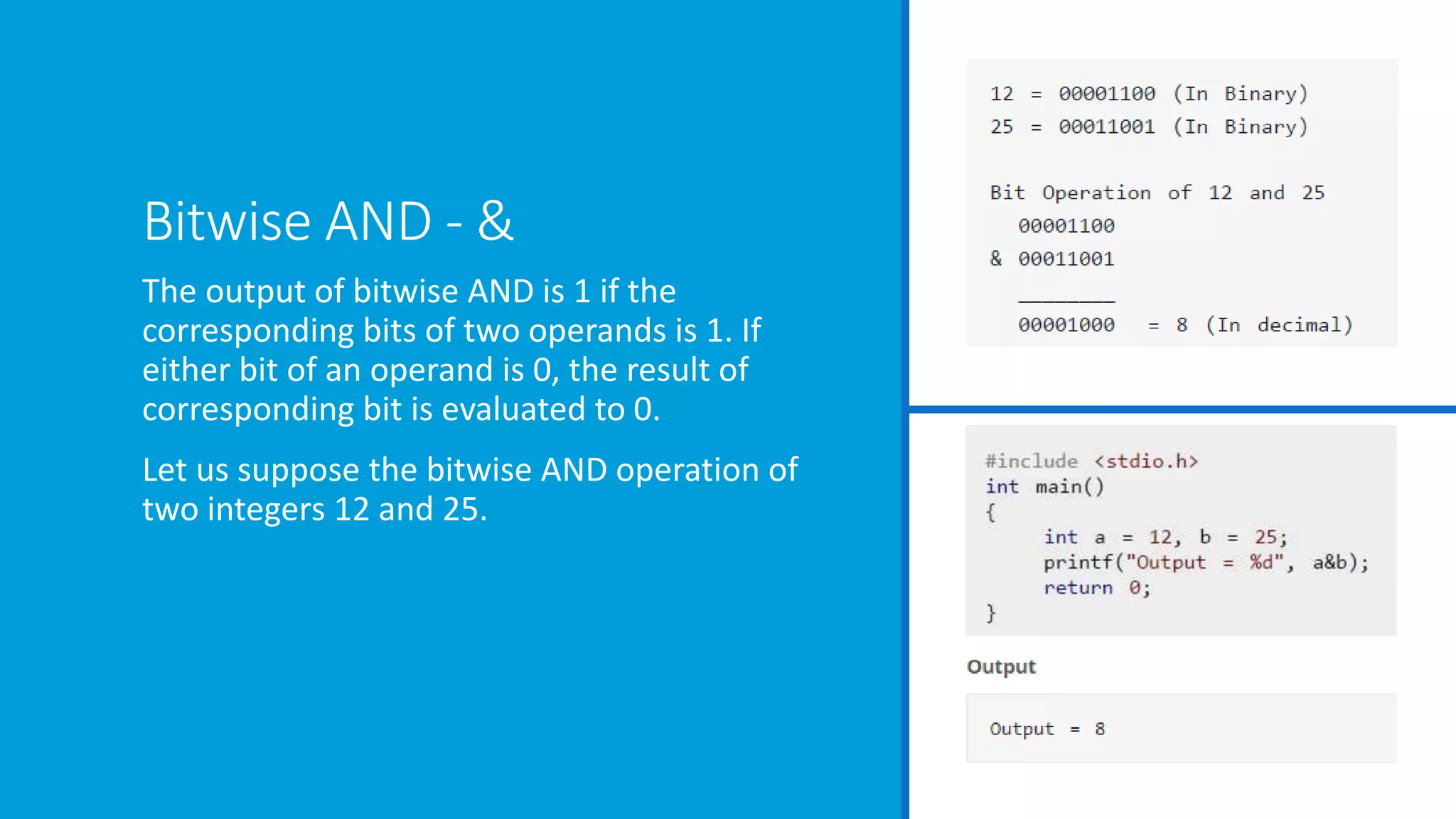 Bitwise AND - &
The output of bitwise AND is 1 if the
corresponding bits of two operands is 1. If
either bit of an operand is 0, the result of
corresponding bit is evaluated to 0.
Let us suppose the bitwise AND operation of
two integers 12 and 25.
 