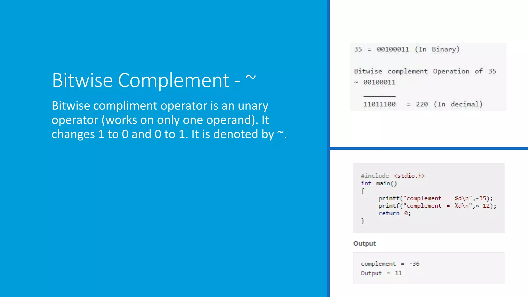 Bitwise Complement - ~
Bitwise compliment operator is an unary
operator (works on only one operand). It
changes 1 to 0 and 0 to 1. It is denoted by ~.
 