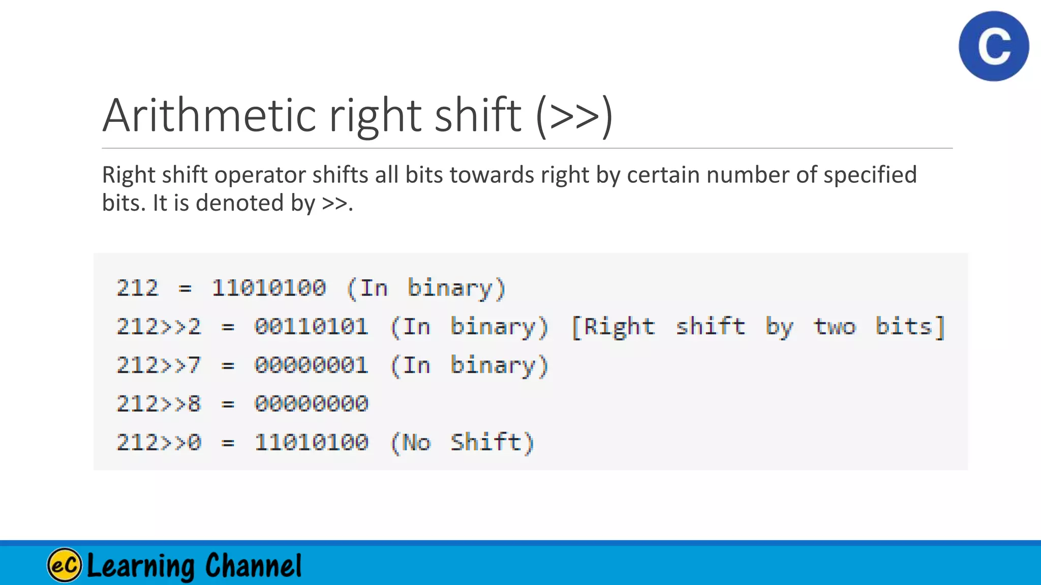 Arithmetic right shift (>>)
Right shift operator shifts all bits towards right by certain number of specified
bits. It is denoted by >>.
 