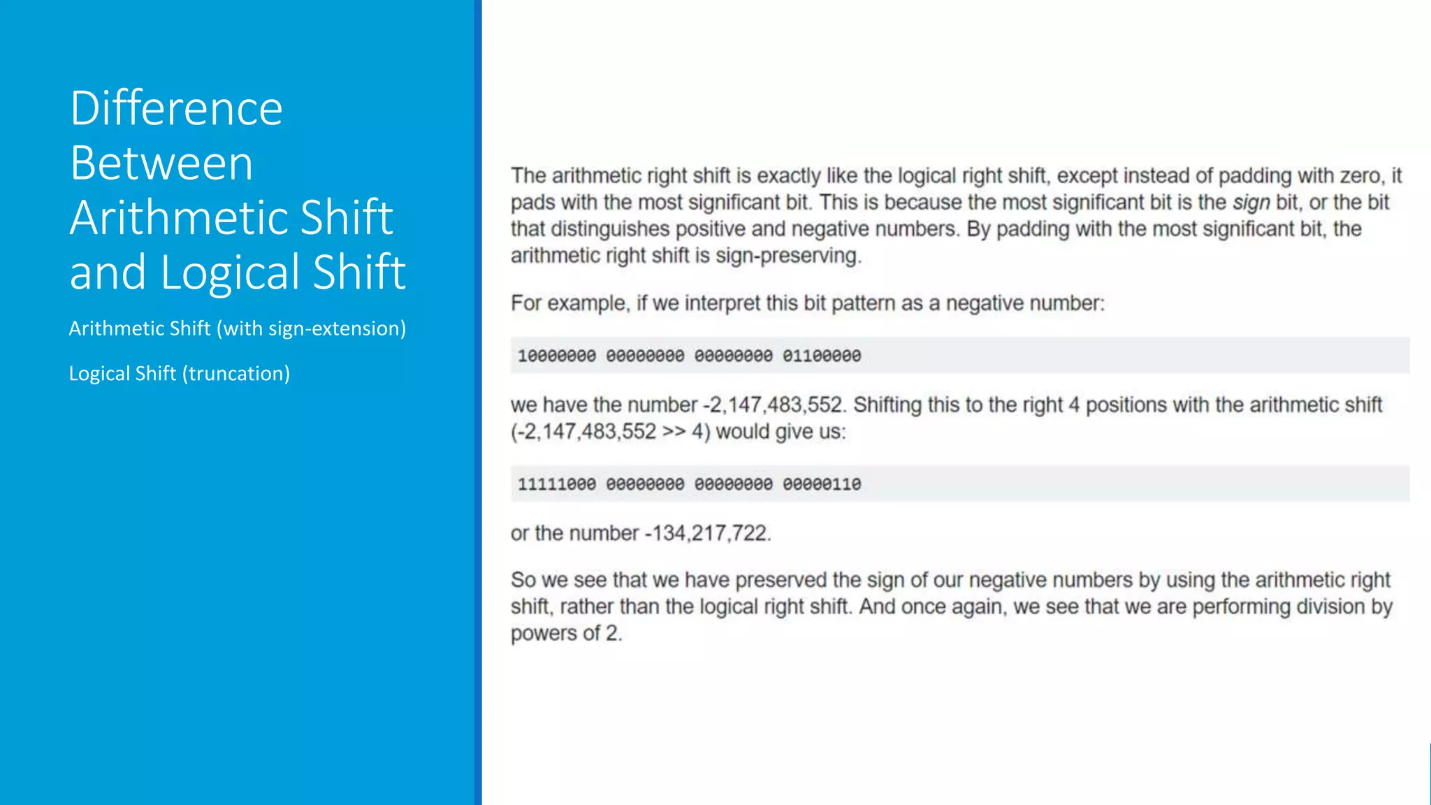 Difference
Between
Arithmetic Shift
and Logical Shift
Arithmetic Shift (with sign-extension)
Logical Shift (truncation)
 