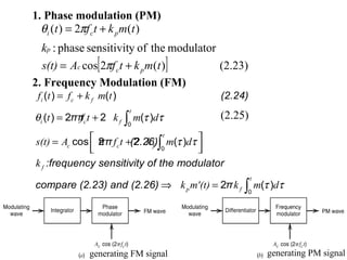 18
1. Phase modulation (PM)
2. Frequency Modulation (FM)
[ ] (2.23))(2cos
modulatortheofysensitivitphase:
)(2)(
tmktfAs(t)
k
tmktft
pcc
p
pci
+=
+=
π
πθ
(2.24)
ππ
ππ (2.26)
:frequency sensitivity of the modulator
compare (2.23) and (2.26)
0
0
( ) ( )
( ) 2 2 ( )
cos 2 2 ( )
i c f
t
i c f
t
c c f
f
p
f t f k m t
t f t k m d
s(t) A f t k m d
k
k m'
θ τ τ
τ τ
= +
= +
 = +
  
⇒
∫
∫
π
0
2 ( )
t
f(t) k m dτ τ= ∫
(2.25)
generating FM signal generating PM signal
 