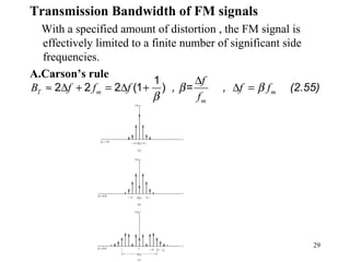 29
Transmission Bandwidth of FM signals
With a specified amount of distortion , the FM signal is
effectively limited to a finite number of significant side
frequencies.
A.Carson’s rule
, = , (2.55)
1
2 2 2 (1 )T m m
m
f
B f f f f f
f
β β
β
∆
≈ ∆ + = ∆ + ∆ =
 