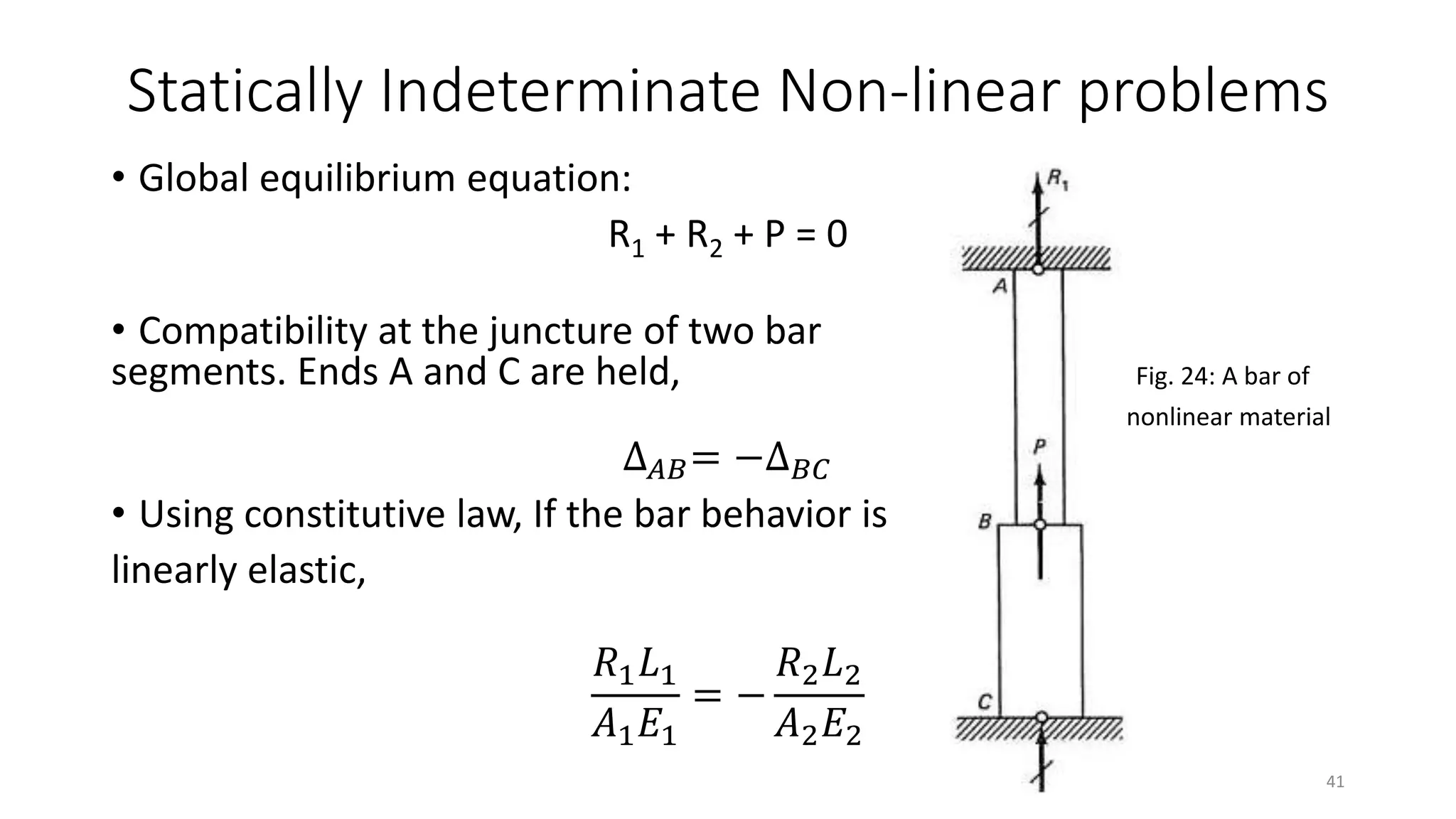 Statically Indeterminate Non-linear problems
• Global equilibrium equation:
R1 + R2 + P = 0
• Compatibility at the juncture of two bar
segments. Ends A and C are held, Fig. 24: A bar of
nonlinear material
∆ 𝐴𝐵= −∆ 𝐵𝐶
• Using constitutive law, If the bar behavior is
linearly elastic,
𝑅1 𝐿1
𝐴1 𝐸1
= −
𝑅2 𝐿2
𝐴2 𝐸2
41
 