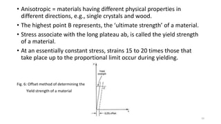 • Anisotropic = materials having different physical properties in
different directions, e.g., single crystals and wood.
• The highest point B represents, the ‘ultimate strength’ of a material.
• Stress associate with the long plateau ab, is called the yield strength
of a material.
• At an essentially constant stress, strains 15 to 20 times those that
take place up to the proportional limit occur during yielding.
Fig. 6: Offset method of determining the
Yield strength of a material
10
 