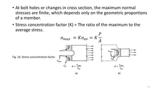 • At bolt holes or changes in cross section, the maximum normal
stresses are finite, which depends only on the geometric proportions
of a member.
• Stress concentration factor (K) = The ratio of the maximum to the
average stress.
𝜎 𝑚𝑎𝑥 = 𝐾𝜎 𝑎𝑣 = 𝐾
𝑃
𝐴
Fig. 16: Stress concentration factor
23
 