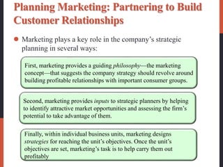 Planning Marketing: Partnering to Build
Customer Relationships
 Marketing plays a key role in the company’s strategic
planning in several ways:
First, marketing provides a guiding philosophy—the marketing
concept—that suggests the company strategy should revolve around
building profitable relationships with important consumer groups.
Second, marketing provides inputs to strategic planners by helping
to identify attractive market opportunities and assessing the firm’s
potential to take advantage of them.
Finally, within individual business units, marketing designs
strategies for reaching the unit’s objectives. Once the unit’s
objectives are set, marketing’s task is to help carry them out
profitably.
 