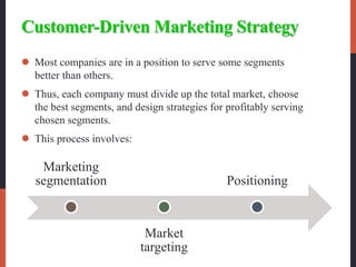 Customer-Driven Marketing Strategy
 Most companies are in a position to serve some segments
better than others.
 Thus, each company must divide up the total market, choose
the best segments, and design strategies for profitably serving
chosen segments.
 This process involves:
Marketing
segmentation
Market
targeting
Positioning
 