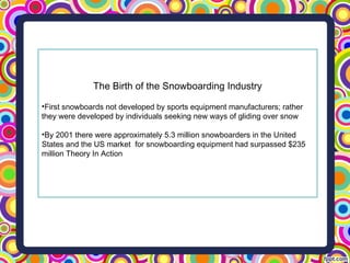 The Birth of the Snowboarding Industry
•First snowboards not developed by sports equipment manufacturers; rather
they were developed by individuals seeking new ways of gliding over snow
•By 2001 there were approximately 5.3 million snowboarders in the United
States and the US market for snowboarding equipment had surpassed $235
million Theory In Action
 