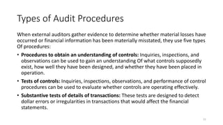 Types of Audit Procedures
When external auditors gather evidence to determine whether material losses have
occurred or financial information has been materially misstated, they use five types
Of procedures:
• Procedures to obtain an understanding of controls: Inquiries, inspections, and
observations can be used to gain an understanding Of what controls supposedly
exist, how well they have been designed, and whether they have been placed in
operation.
• Tests of controls: Inquiries, inspections, observations, and performance of control
procedures can be used to evaluate whether controls are operating effectively.
• Substantive tests of details of transactions: These tests are designed to detect
dollar errors or irregularities in transactions that would affect the financial
statements.
21
 