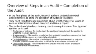 Overview of Steps in an Audit – Completion of
the Audit
• In the final phase of the audit, external auditors undertake several
additional tests to bring the collection of evidence to a close.
• They must then formulate an opinion about whether material losses or
account misstatements have occurred and issue a report.
• The professional standards in many countries require one of four types of
opinion be issued:
• Disclaimer of opinion: On the basis of the audit work conducted, the auditor is
unable to reach an opinion.
• Adverse opinion: The auditor concludes that material losses have occurred or that
the financial statements are materially misstated.
• Qualified opinion: The auditor concludes that losses have occurred or that the
financial statements are misstated but that the amounts are not material.
• Unqualified opinion: The auditor believes that no material losses or account
misstatements have occurred.
35
 