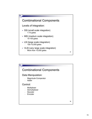 16
31
Levels of Integration:
SSI (small scale integration)
o 1-10 gates
MSI (medium scale integration)
o 10-100 gates
LSI (large scale integration)
o 100-10,000 gates
VLSI (very large scale integration)
o More than 10,000 gates
Combinational Components
32
Data Manipulation:
o Magnitude Comparator
o Adder
Control:
o Multiplexer
o Demultiplexer
o Decoder
o Encoder
Combinational Components
 