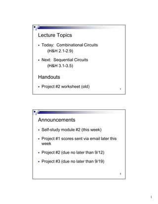 1
1
Today: Combinational Circuits
(H&H 2.1-2.9)
Next: Sequential Circuits
(H&H 3.1-3.5)
Handouts
Project #2 worksheet (old)
Lecture Topics
2
Self-study module #2 (this week)
Project #1 scores sent via email later this
week
Project #2 (due no later than 9/12)
Project #3 (due no later than 9/19)
Announcements
 